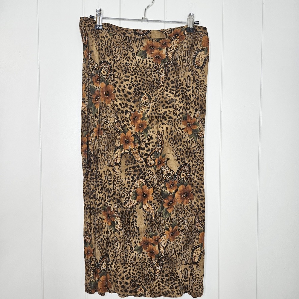 R&K Original Tan Floral  Size 8 100% Rayon  Slits On Sides Maxi Mid Calf Skirt